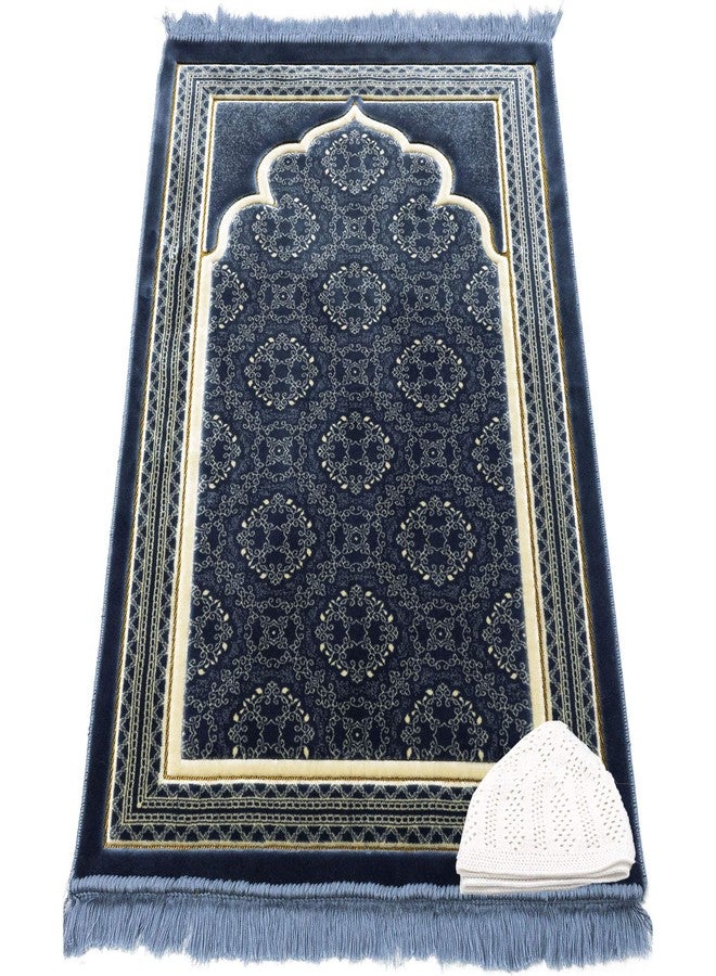 Modefa Turkish Islamic Prayer Rug - Soft Velvet Janamaz Praying Carpet - Comfortable Muslim Praying Mat for Men & Women - Ramadan or Eid Gift - with Kufi Prayer Cap - Elegant Swirl (Blue) - Image 1